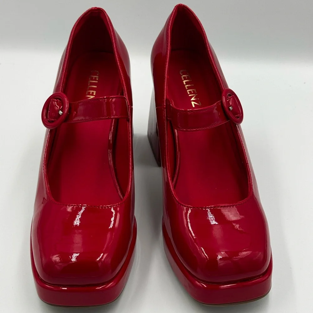 Red Patent Platform Mary Jane Heels | Block Heel Pumps | Size 8.5